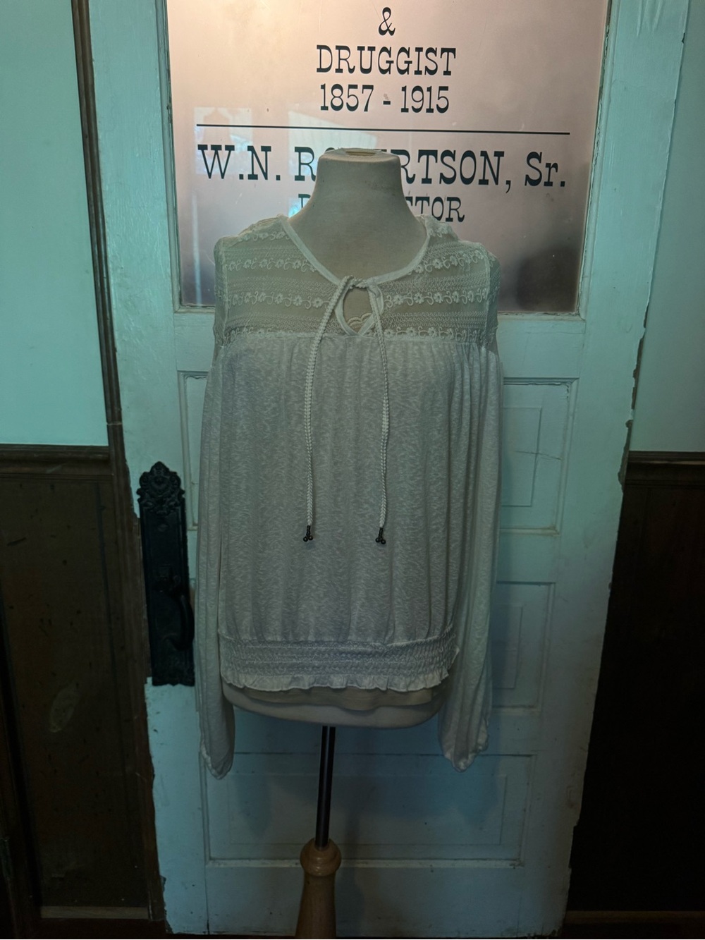 Wrangler Cream Lace-Yoke Peasant Blouse with Tie